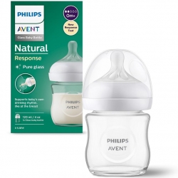 Biberon din sticla Philips Avent Natural Response SCY930/01, 120 ml, tetina care functioneaza ca sanul mamei, cu debit 2, tetina fara scurgeri, +0 luni, fara BPA, usor de curatat