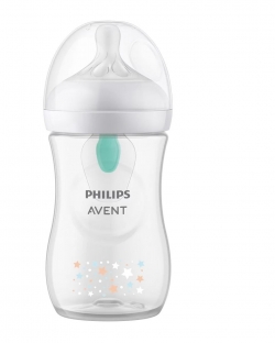 Biberon Philips Avent Natural Response SCY673/82, cu dispozitiv AirFree, 260 ml, tetina care functioneaza ca sanul mamei, cu debit 3, tetina fara scurgeri, +1 luni, model deco ursuleti, fara BPA, usor de curatat
