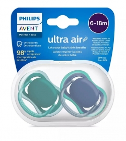 Set 2 suzete Philips-Avent SCF085/31, ultra air pacifier 6-18 luni, Ortodontice, fara BPA, Albastru/Verde