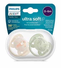 Set 2 suzete Philips-Avent SCF091/07, ultra soft 0-6 luni, Ortodontice, fara BPA, Frunze/Papagal