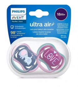 Set 2 suzete Philips-Avent SCF349/22, ultra air 18+ luni, Ortodontice, fara BPA, Love/Elefant