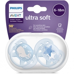 Set 2 suzete Philips-AVENT Ultra Soft SCF223/03, ultramoale si flexibila, pentru pielea sensibila a bebelusului, ortodontica, 6-18 luni, Albastru
