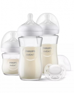 Set nou-nascut Philips Avent Natural Response SCD878/11, tetina care functioneaza ca sanul mamei, tetina fara scurgeri, 3 biberoane de sticla, suzeta ultra-soft 0-6 luni
